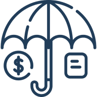 Umbrella icon with dollar and document symbols.
